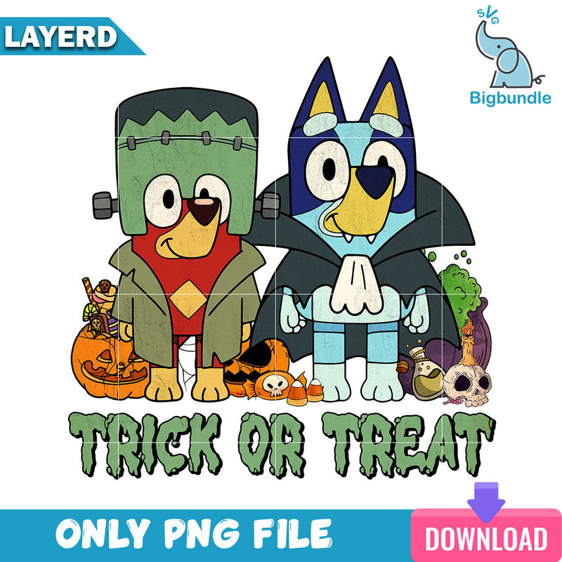 Bluey and bingo trick or treat halloween, Bluey halloween png, Instant download.