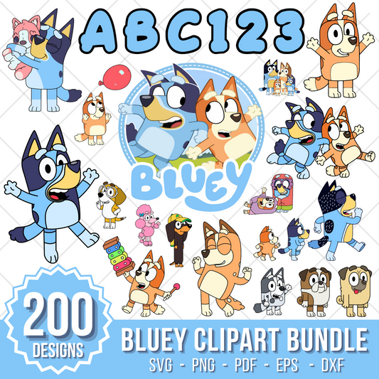Bluey 200 cliparts set + alphabet SVG, Bluey the dog SVG cut files for Cricut / Silhouette, Bluey PNG