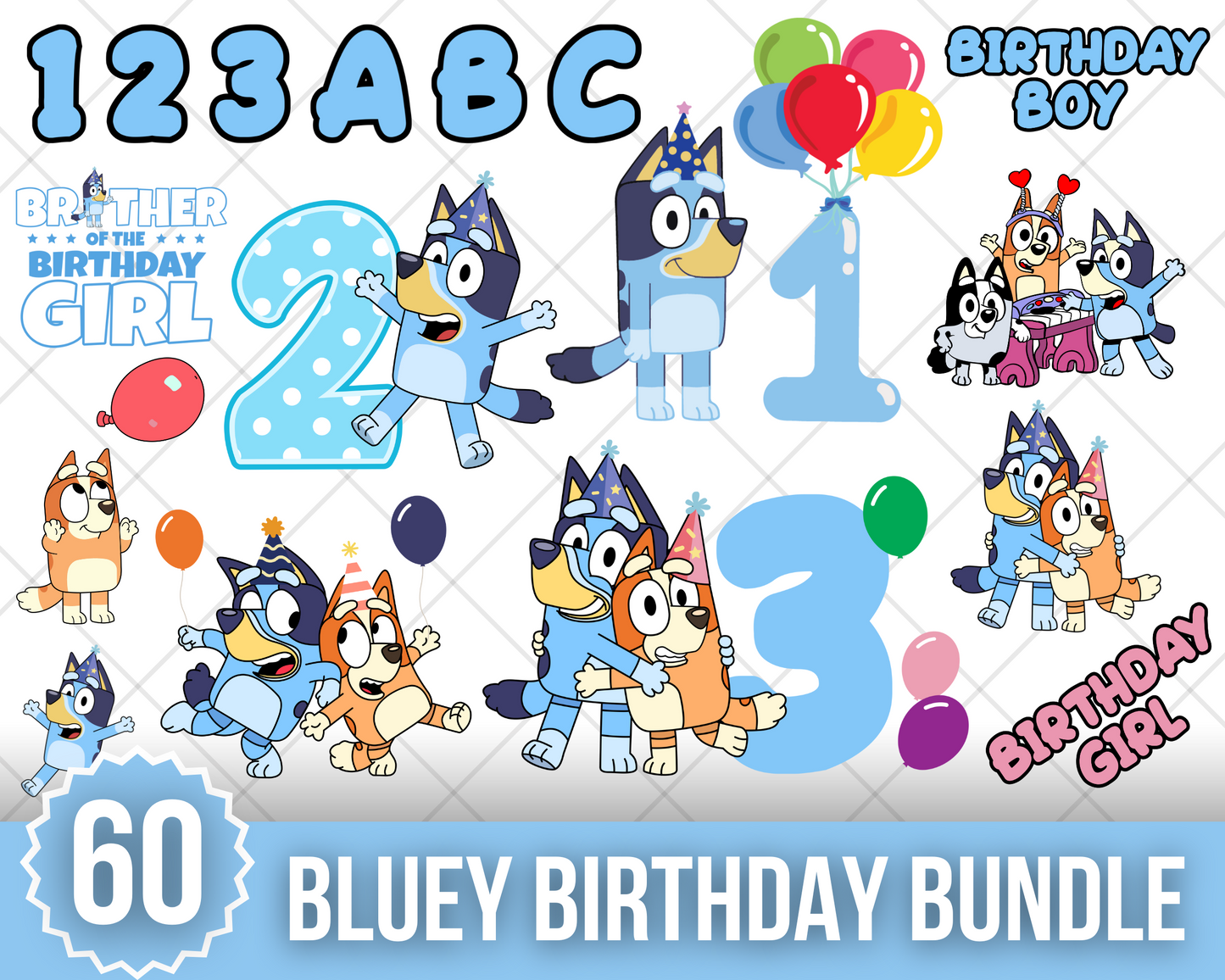 Bluey Birthday SVG, Bluey Birthday Clipart Set, Bluey Alphabet SVG Cut Files for Cricut / Silhouette, PNG Vector Files