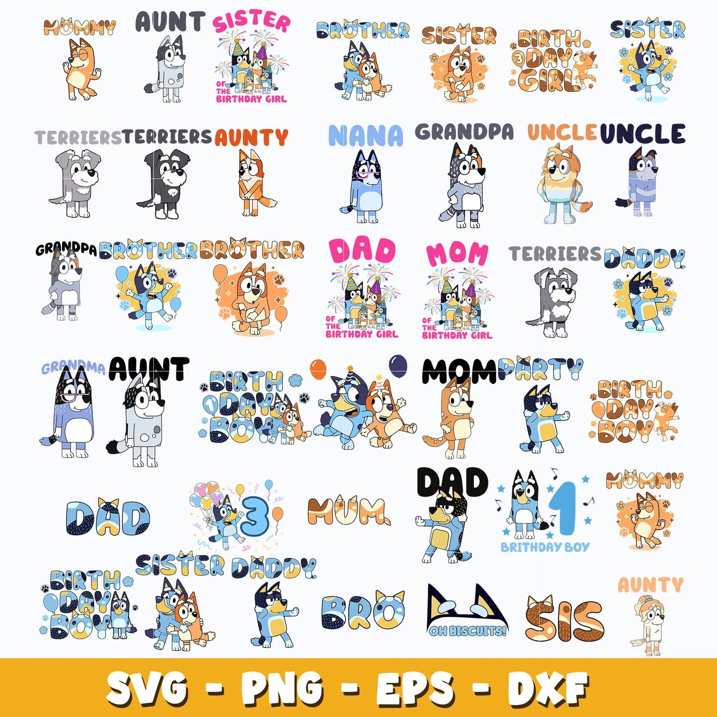 Bluey SVG Bundle, Bluey Birthday SVG, Bluey Alphabet SVG, Bluey and Family Clipart PNG Vector Files