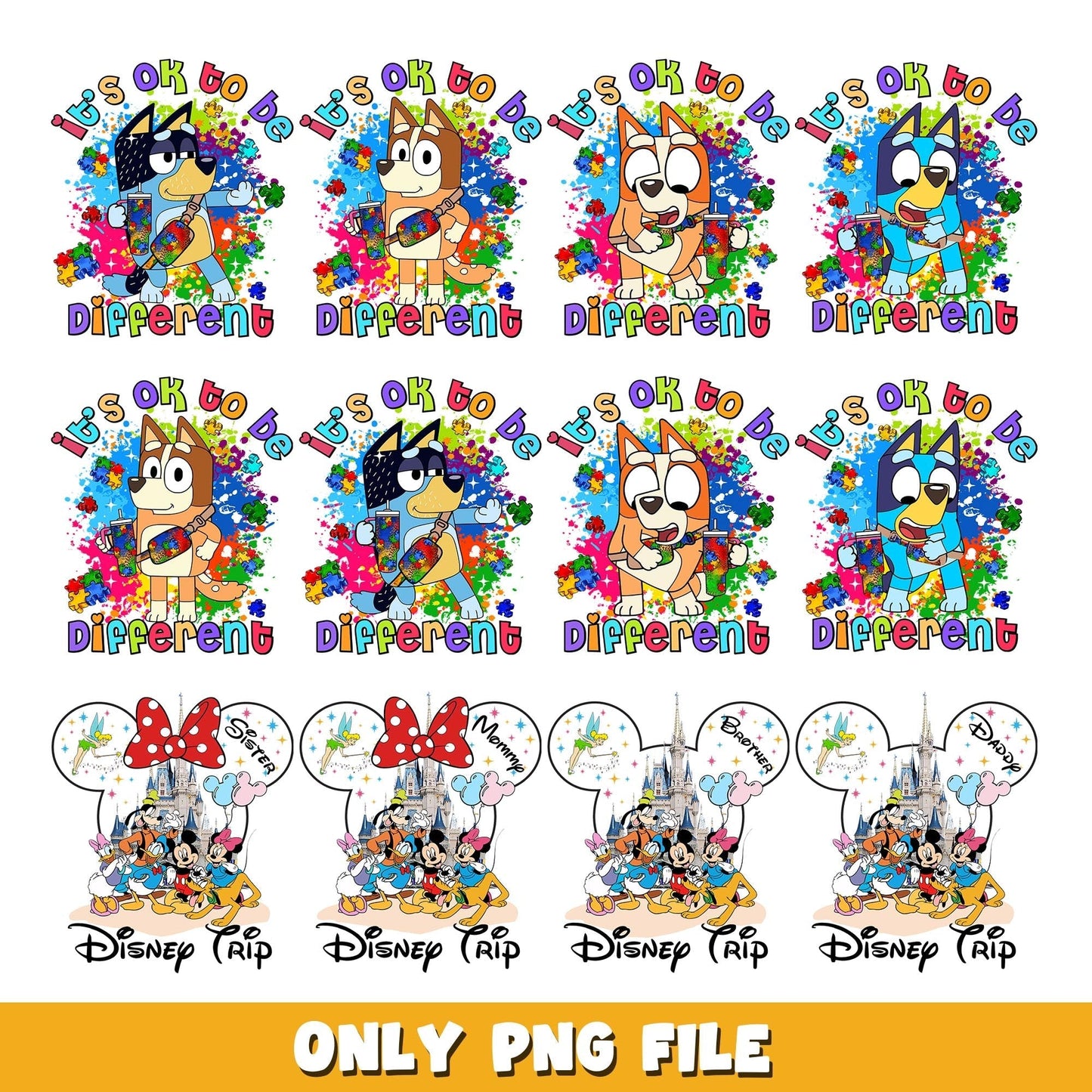 Bluey Its Okay To Be Different and Disney trip bundle png, cartoon png