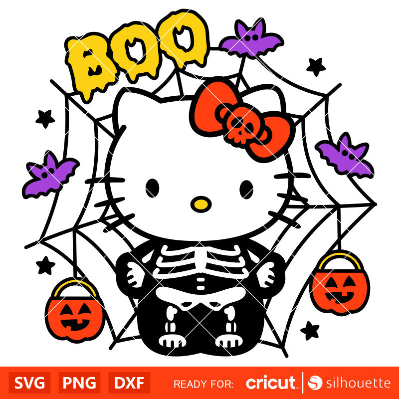 Boo Skeleton Kitty Svg, Spider Web Hello Kitty Svg, Halloween Svg, Kawaii Svg, Cricut, Silhouette Vector Cut File