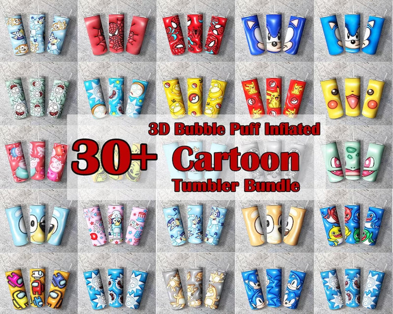 Bubble cartoon Wrap 30+ 3D Inflated Puff Tumbler bundle, Instant download