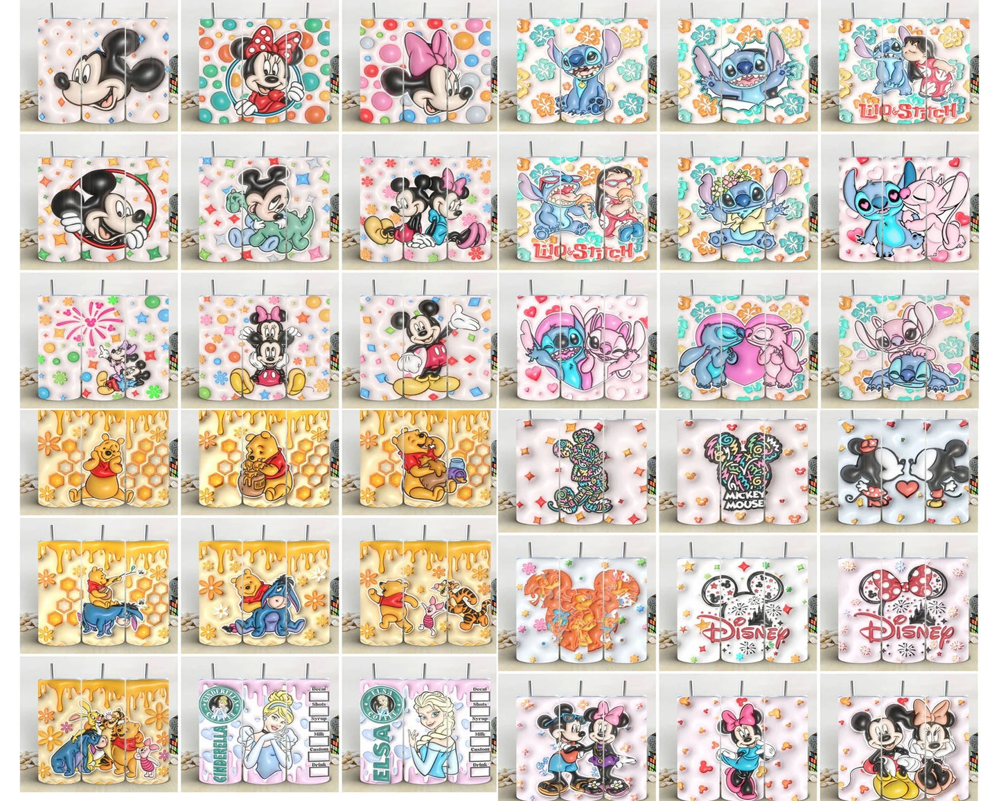 Disney Cartoon Wrap 50+ 3D Inflated Puff Tumbler bundle, Instant download