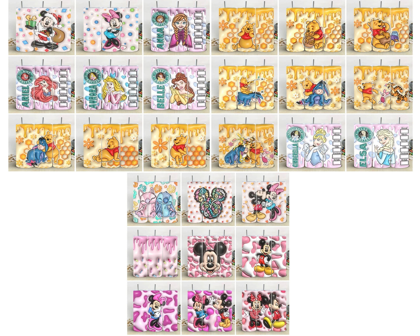 Disney Cartoon Wrap 50+ 3D Inflated Puff Tumbler bundle, Instant download