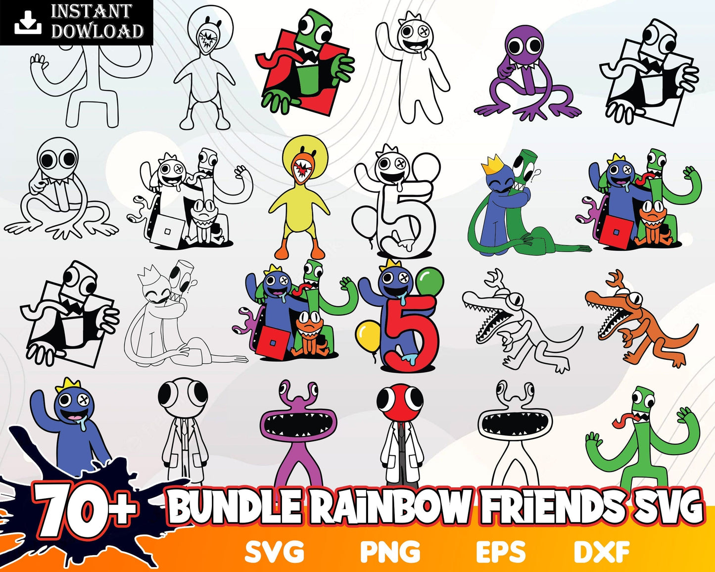 70 Rainbow friends SVG, Rainbow friends PNG, Sublimation, Transfer, Digital download, Vector illustration