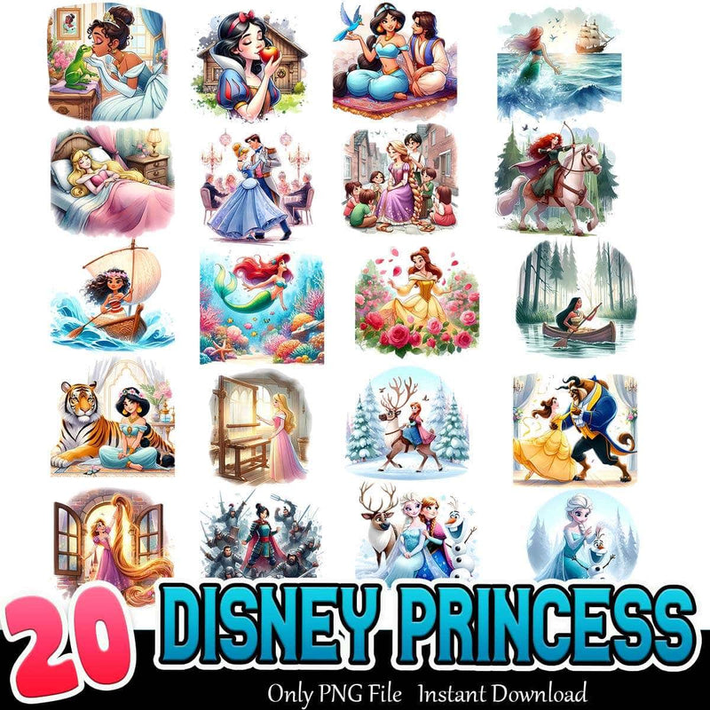 Watercolor Princess Bundle PNG 20+ Disney Princess PNG Instant Download