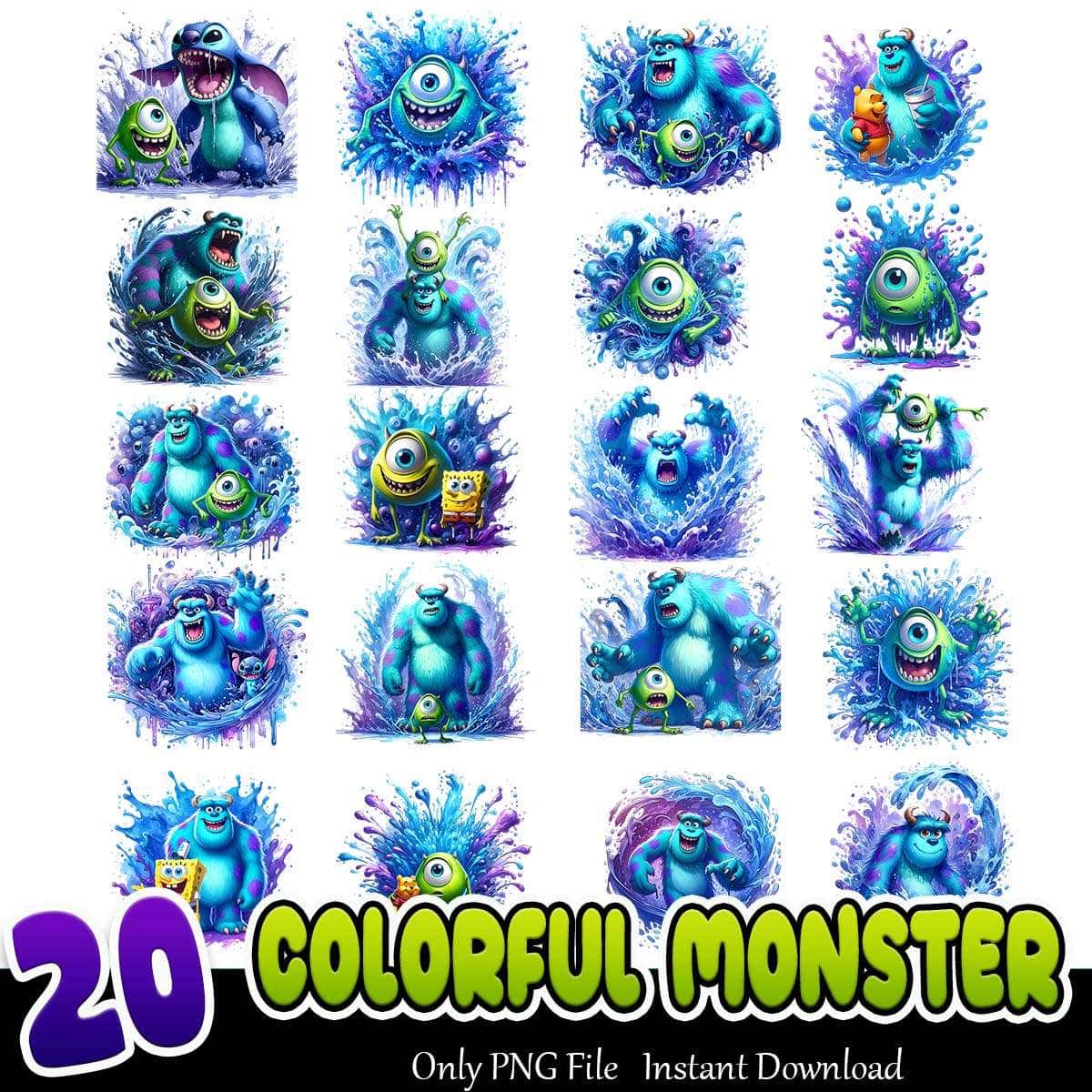 Colorful Monster Bundle PNG 20+ Watercolor Monster PNG Instant Download