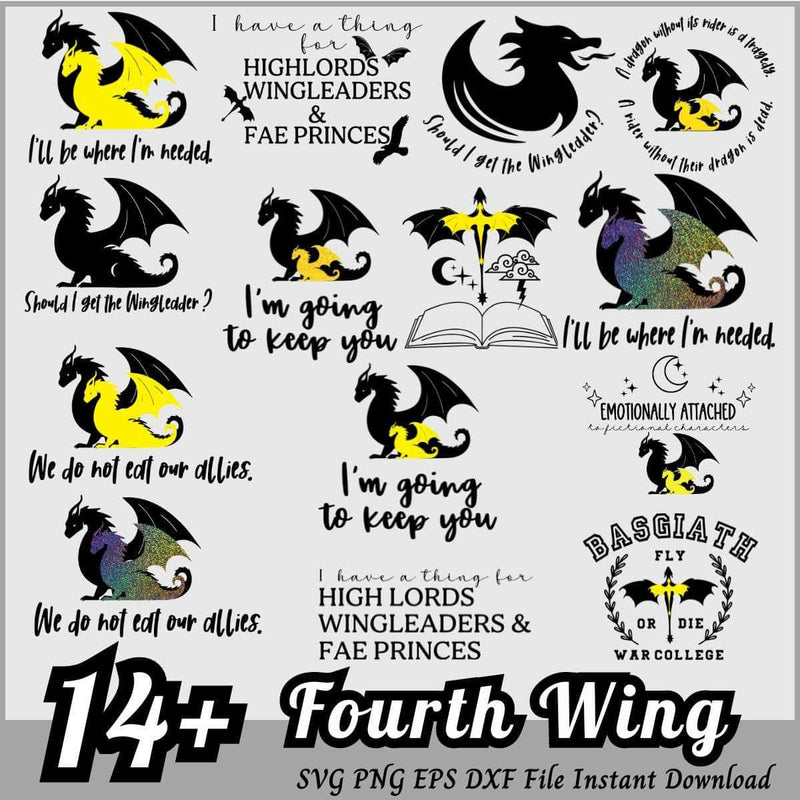 Fourth Wing SVG Bundle, Fantasy Reader SVG Cricut, Silhouette Vector Cut Files, Fourth Wing PNG