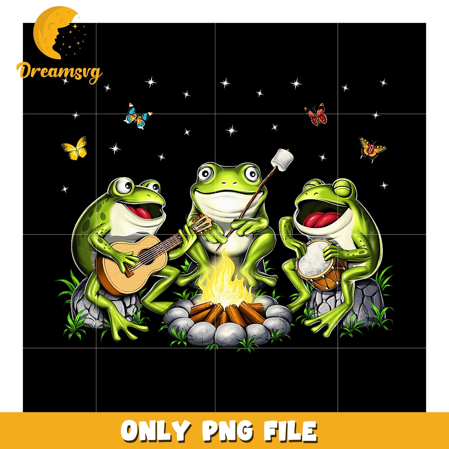 Campfire Frogs PNG Musical Amphibian Trio
