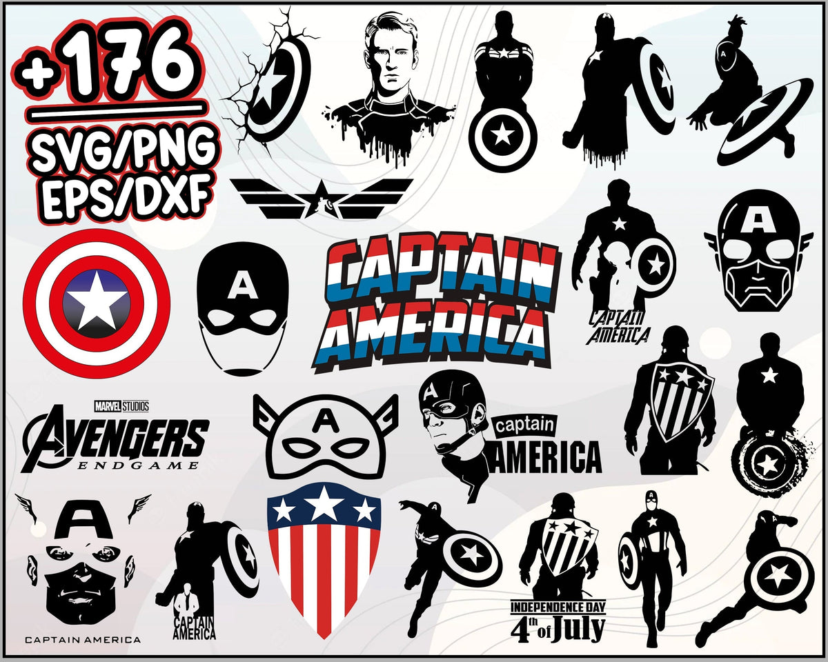 176+ Captain America Bundle SVG, Superhero Clipart Svg Bundle Layered Item, Cartoon svg, png, dxf, eps digital file