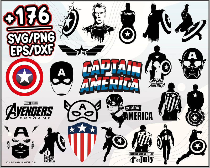 176+ Captain America Bundle SVG, Superhero Clipart Svg Bundle Layered Item, Cartoon svg, png, dxf, eps digital file