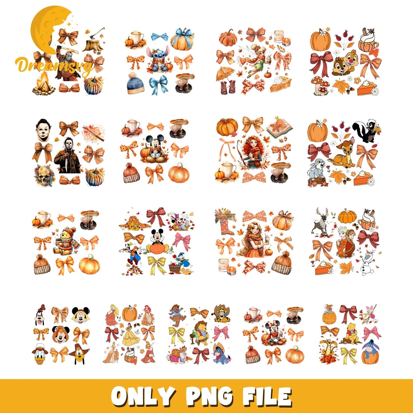 Autumn vintage characters bundle png, coquette bow png