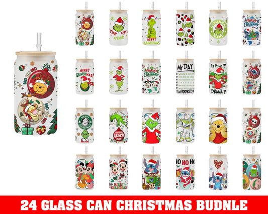 24 Cartoons Christmas 16oz Libbey Can Glass 2022 designs PNG, Christmas PNG bundle, Winnie Pooh 16oz tumbler CRM07112201