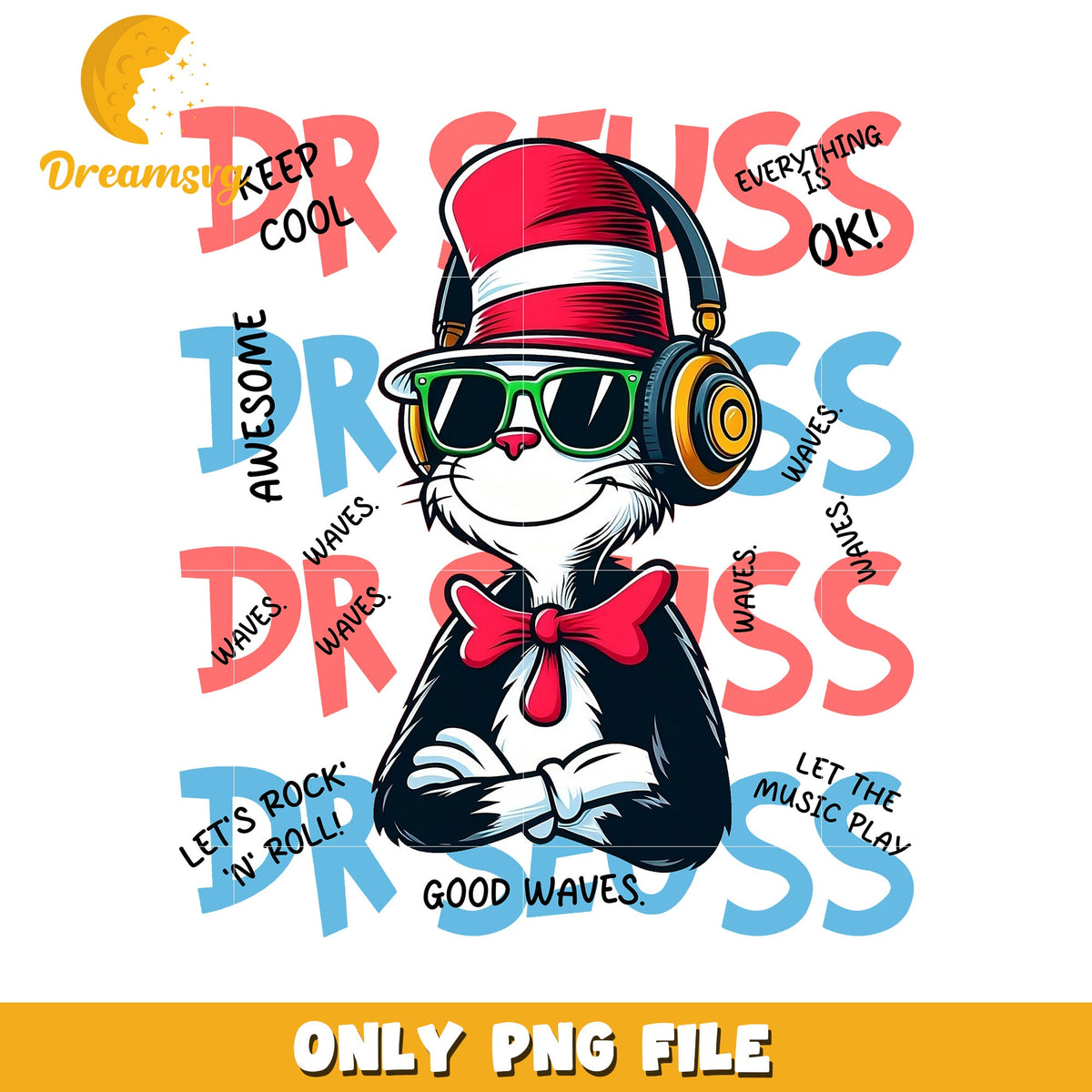 Cat in the hat headphone png, dr seuss png, font design png
