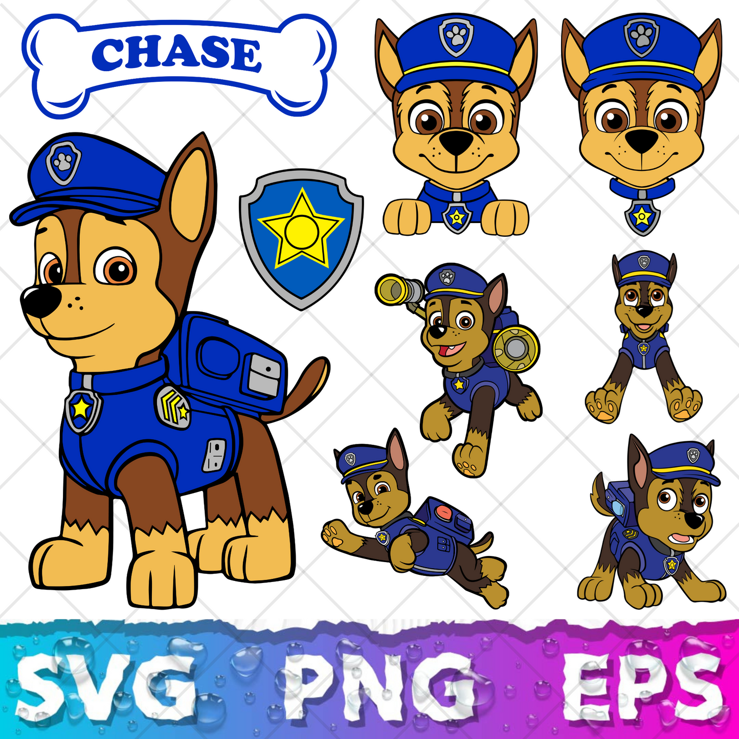 Chase 9 Cliparts Bundle, Chase Paw Patrol SVG Cut Files For Cricut & Silhouette, SVG, PNG, DXF, instant download