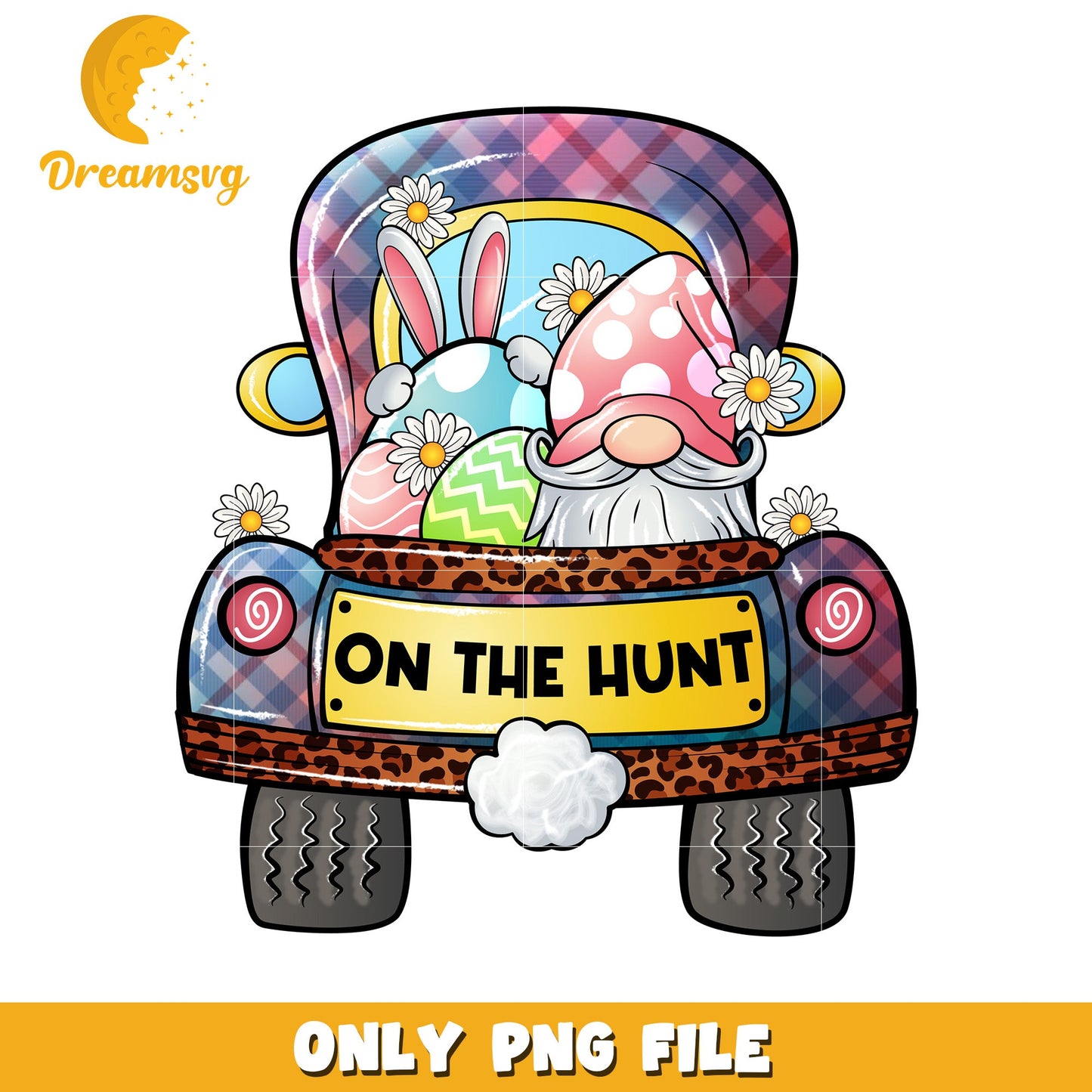 Cheerful Easter Gnome and Bunny Car PNG Image Design
