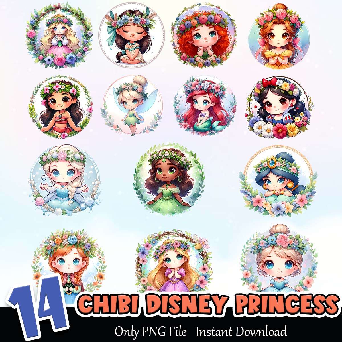Chibi Disney Princess Bundle PNG Instant Download