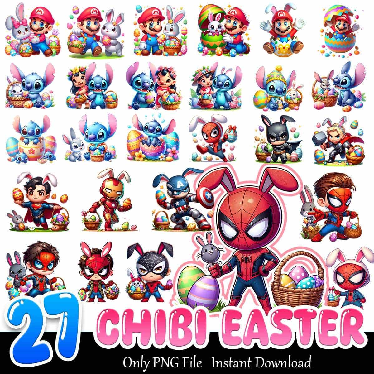 Chibi Easter Bundle PNG 27 Easter Cartoon PNG Instant Download
