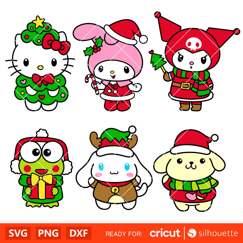 Christmas Sanrio Friends Svg, Hello Kitty Christmas Svg, Kawaii Svg For Cricut, Sanrio Friends Clipart