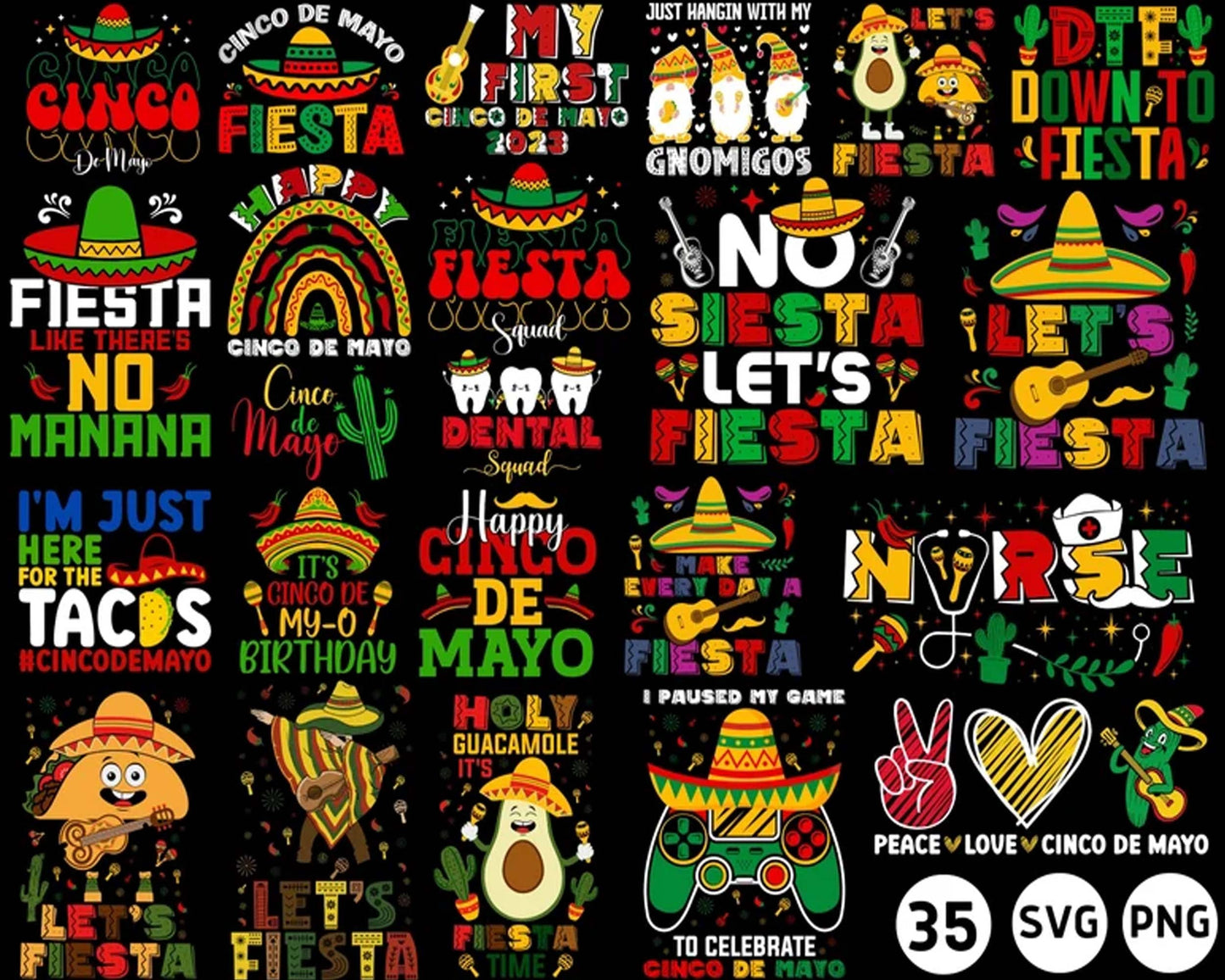 Cinco De Mayo Svg Png Bundle, Let's Fiesta Svg, Taco Tuesday Png, Mexican Party Sombrero Maracas svg Cricut Sublimation Designs