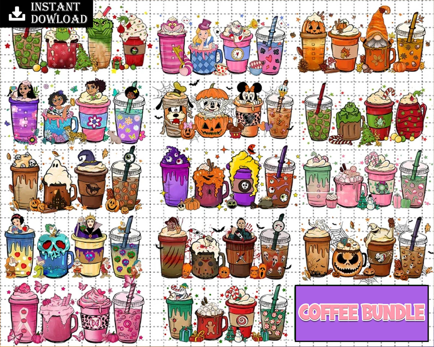 16 Coffee PNG bundle, Halloween coffee digital bundle, Disney designs bundle in PNG formats, Digital files