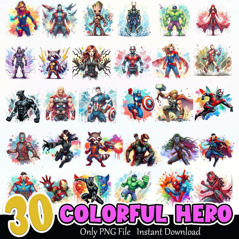 Colorful Hero PNG Bundle Sublimation Instant Download