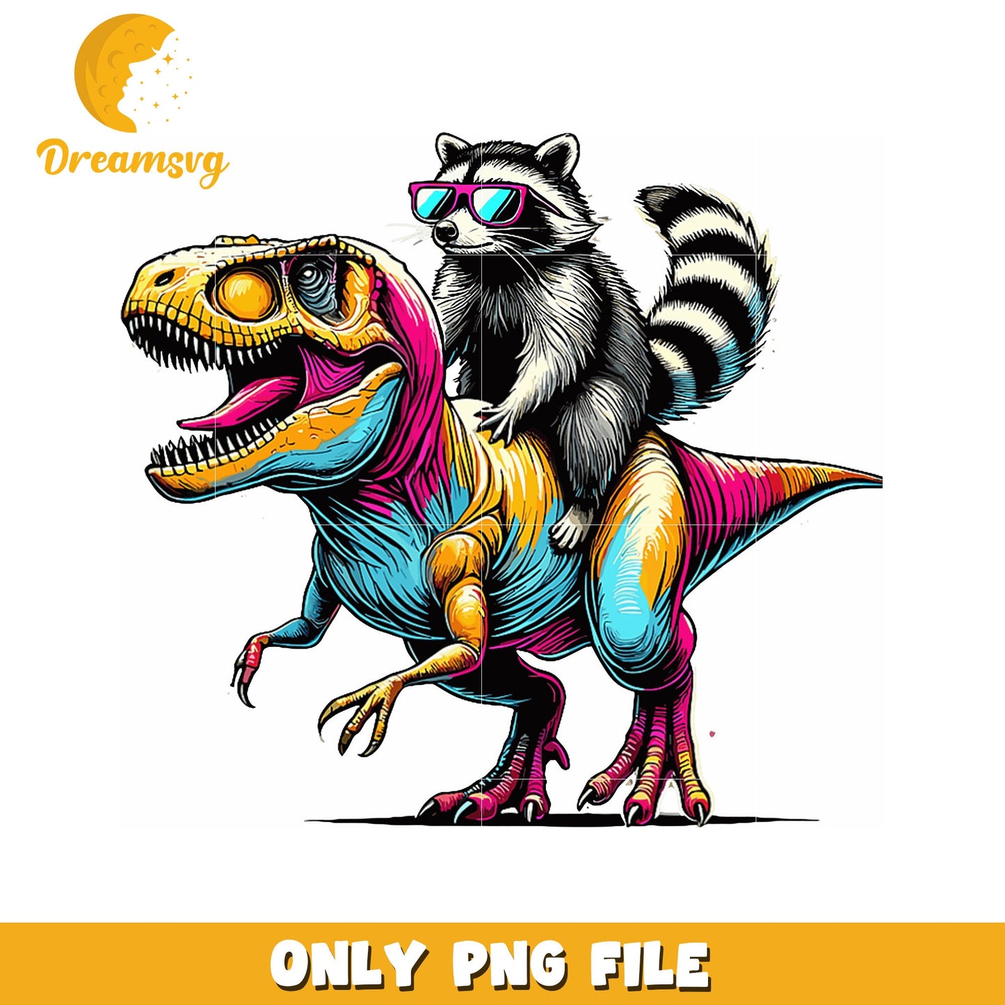 Cool Raccoon Riding T-Rex PNG