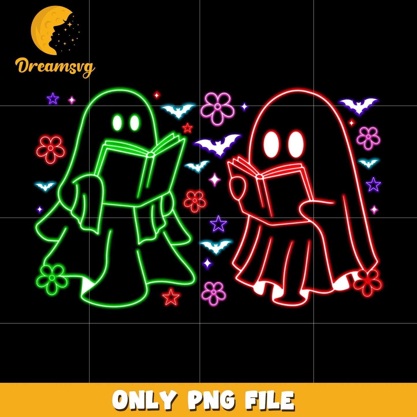 Couple ghouls reading books neon png, spooky autumn png, trick or treat png