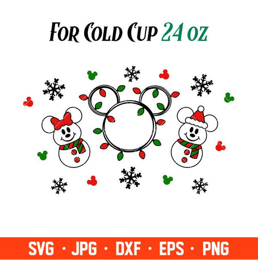 Cute Christmas Mickey &amp; Minnie Snowman Full Wrap Svg, Starbucks Svg, Coffee Ring Svg, Cold Cup Svg, Cricut, Silhouette Vector Cut File