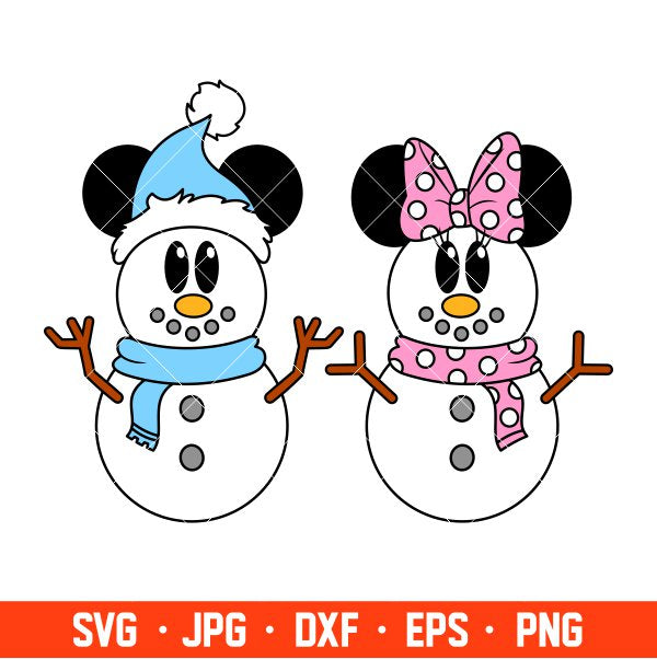 Cute Christmas Mickey &amp; Minnie Snowmen Svg, Christmas Svg, Disney Christmas Svg, Cricut, Silhouette Vector Cut File