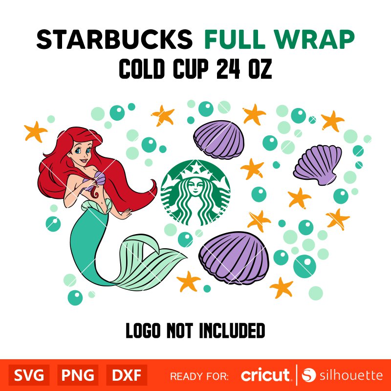 Cute Little Mermaid Full Wrap Svg, Starbucks Svg, Coffee Ring Svg, Cold Cup Svg, Cricut, Silhouette Vector Cut File