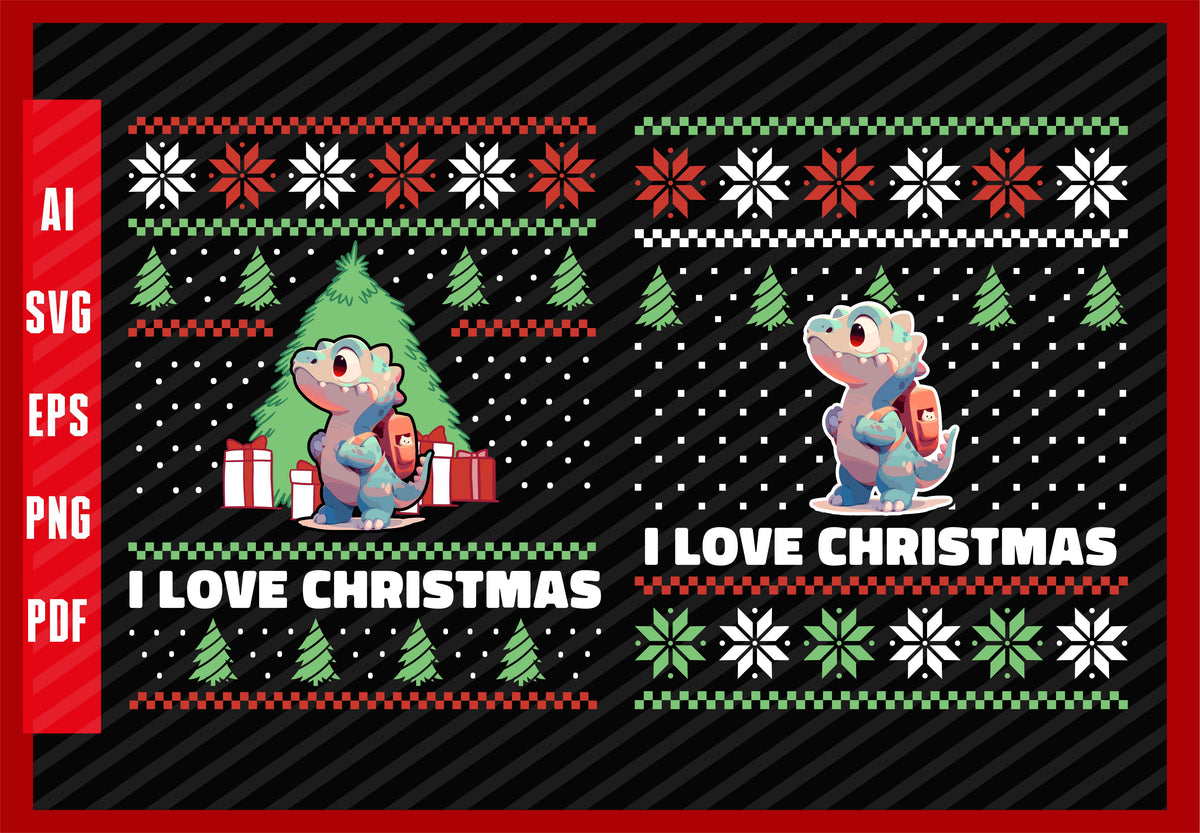 Cute Baby Dinosaur Student Back to School Design, I Love Christmas T-Shirt Design Eps, Ai, Png, Svg and Pdf Printable Files