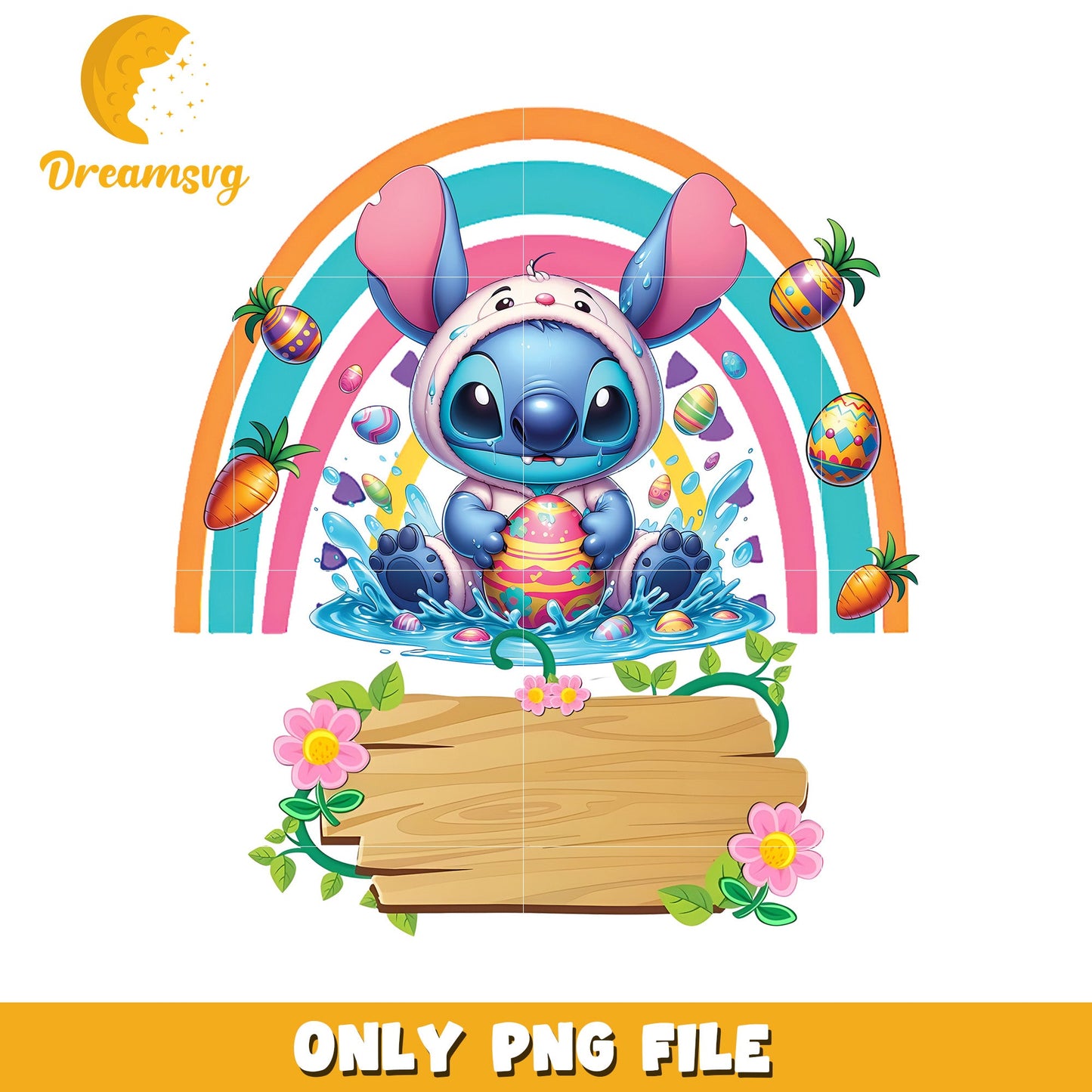 Cute Cartoon Character with Rainbow and Easter Theme PNG