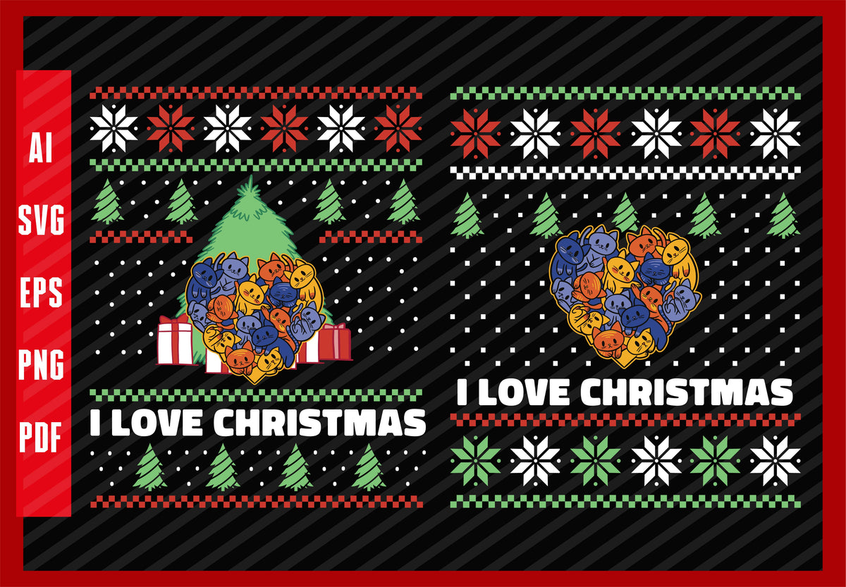 Cute Kittens in a Heart Cat Design, I Love Christmas T-Shirt Design Eps, Ai, Png, Svg and Pdf Printable Files