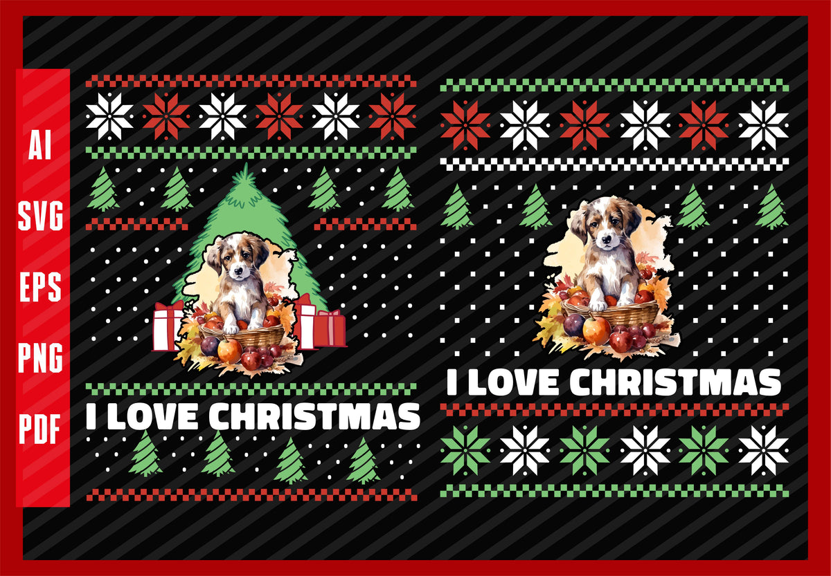 Cute Puppy Dog with Apples Thanksgiving, Dog Lover, I Love Christmas T-Shirt Design Eps, Ai, Png, Svg and Pdf Printable Files