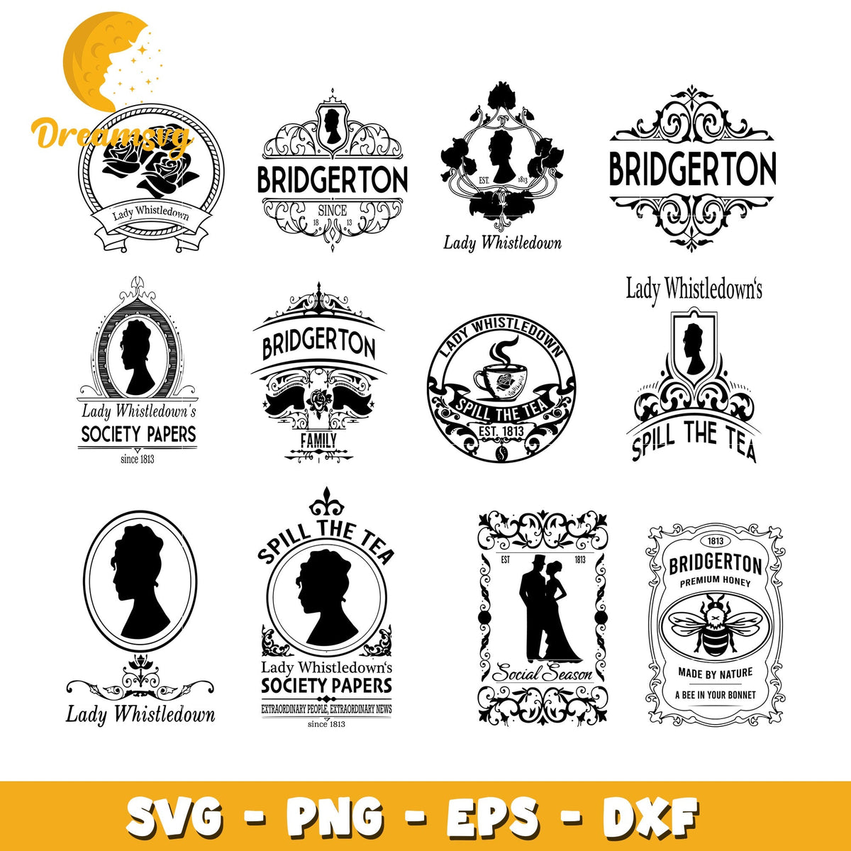 Lady whistledown logo black white design bundle svg, bridgerton logo svg