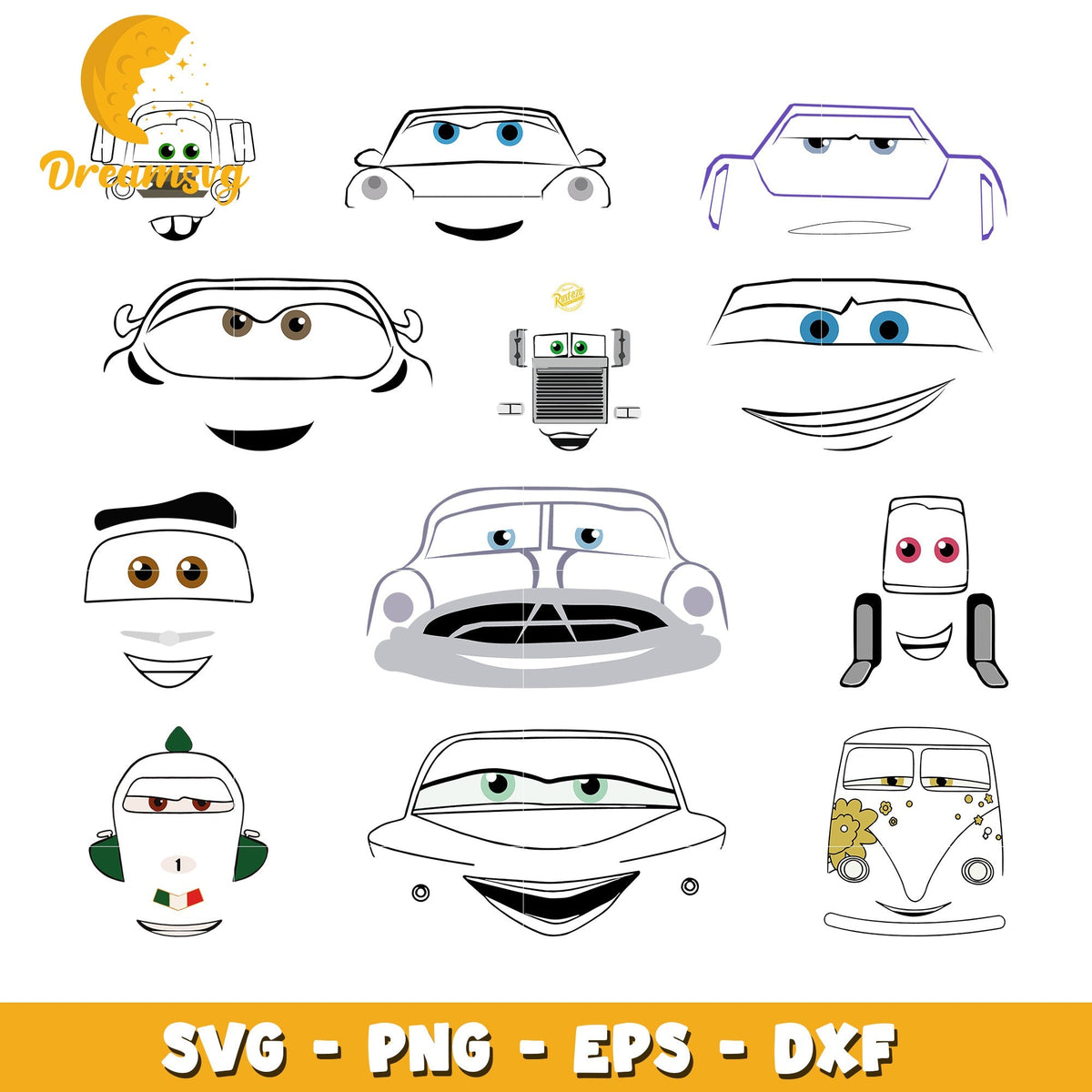 Disney cars face outline design bundle svg, disney character cars svg