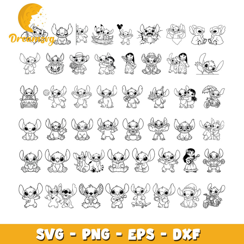 Stitch and Lilo outline design bundle svg, lilo and stitch svg