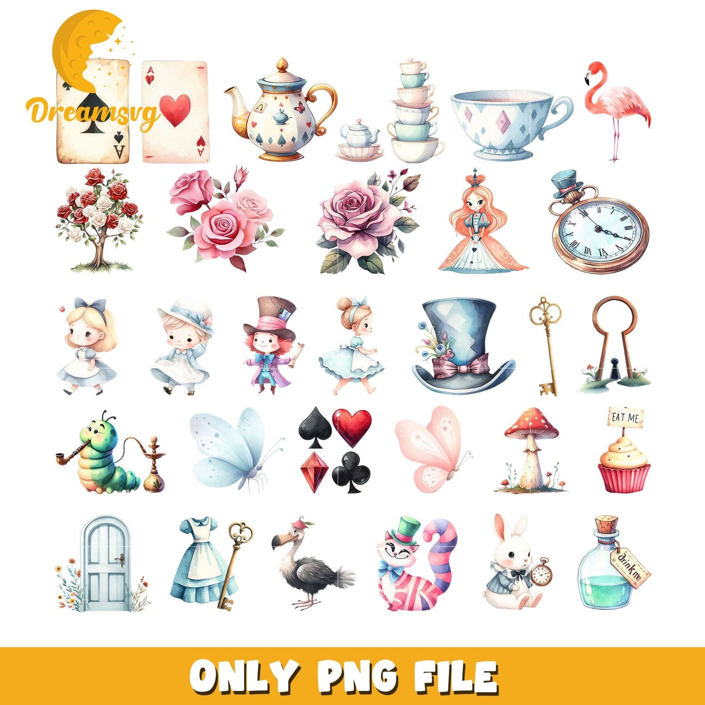 Alice in wonderland design bundle png, alice in wonderland characters png