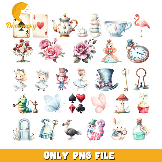 Alice in wonderland design bundle png, alice in wonderland characters png