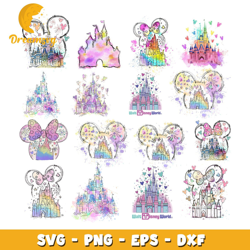 Mickey ears castle watercolor bundle svg, disney world castle svg