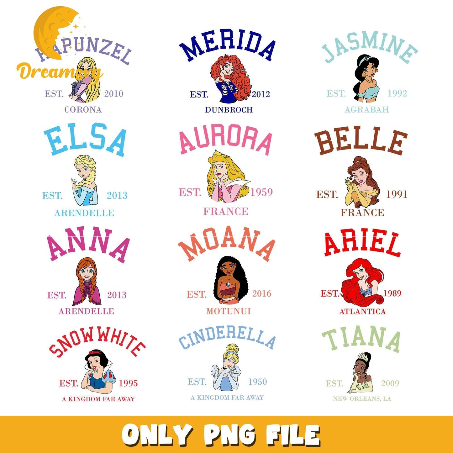 Ariel est 1989 design bundle png, all disney princess png