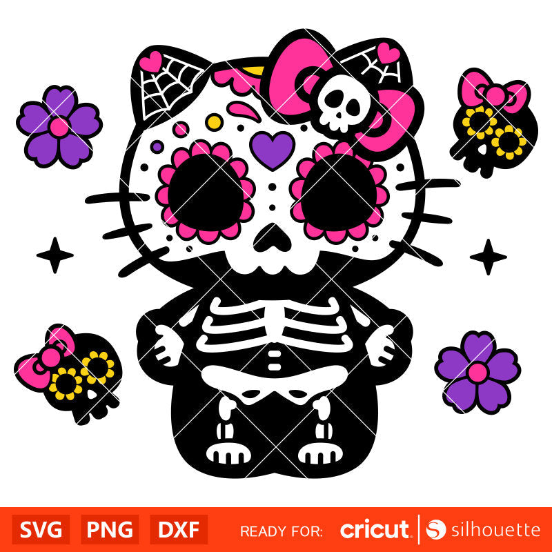 Day Of The Dead Hello Kitty Svg, Skeleton Kitty Svg, Kitty Dia De Los Muertos Svg, Kawaii Svg, Cricut, Silhouette Vector Cut File