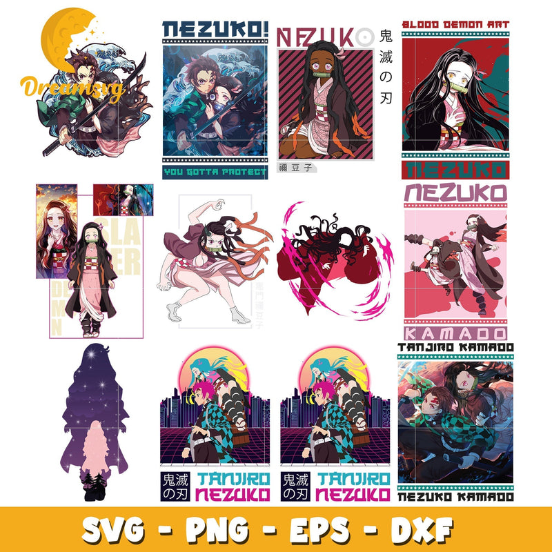 Nezuko and tanjiro anime bundle design svg, demon slayer characters svg