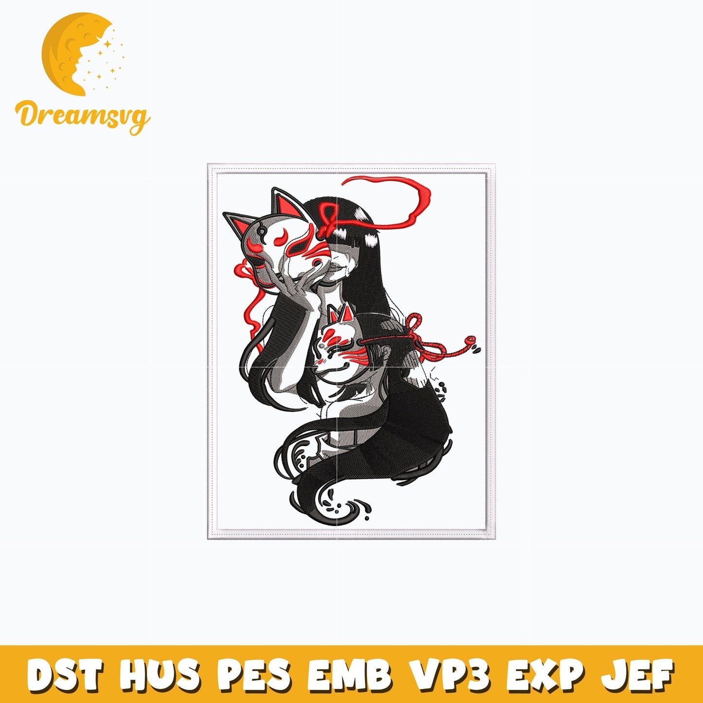 Kitsune Mask girl embroidery design