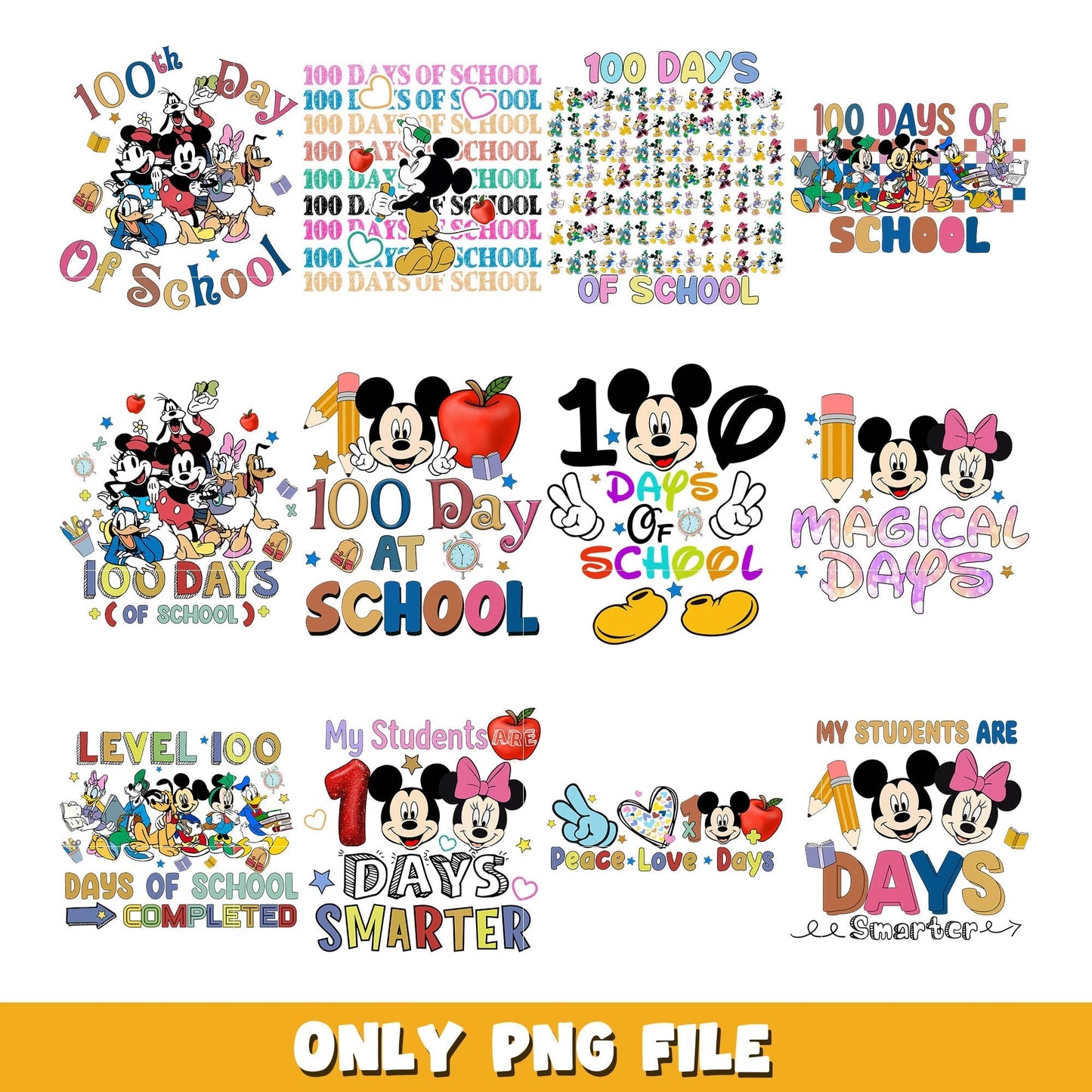 Mickey mouse 100 day of school png bundle, Disney school png, disney png