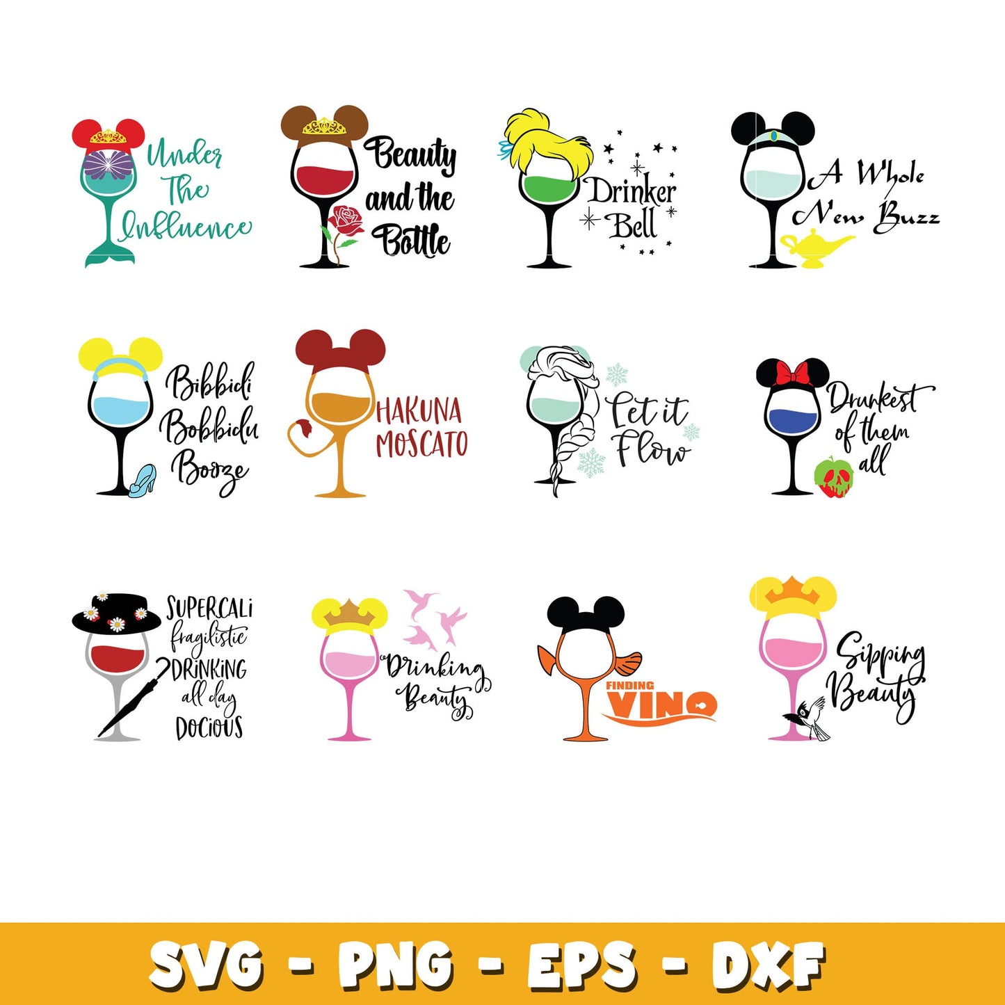 Disney Princess Wine Glass bundle svg,  Disney cartoon svg, Digital download