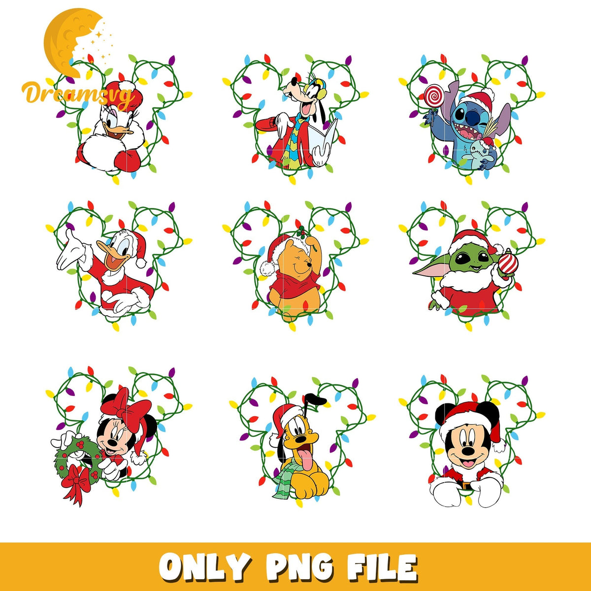 Disney characters christmas lights bundle png, disney christmas png
