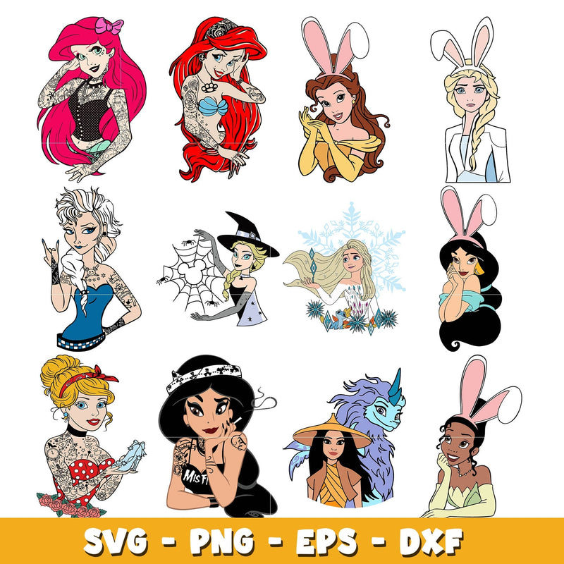 Punk Rock Disney Princess bundle svg, Princess svg, Disney cartoon svg, Digital download